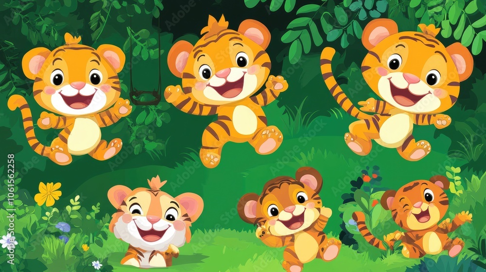 Naklejka premium Fun and Lively Cartoon Tigers Vector Set