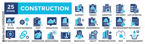 Construction icon collection set. Containing design industry, construction, site, business, safety, architecture	