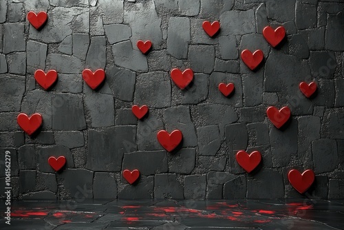 A vibrant arrangement of red hearts adorns a textured stone wall, enhancing the romantic ambiance of the room. The hearts are spaced evenly, capturing a warm and affectionate feeling perfect for speci photo