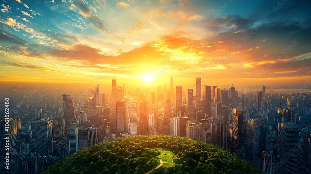Majestic Cityscape Illuminated by Vibrant Sunset Lighting in Sustainable Urban Landscape Majestic Cityscape Illuminated by Vibrant Sunset Lighting in Sustainable Urban Landscape