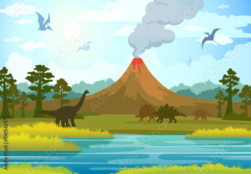 Cartoon vector illustration with silhouette of dinosaurs on the Jurassic period. Prehistoric landscape with forest, erupting volcano, smoke clouds, trees and blue river.