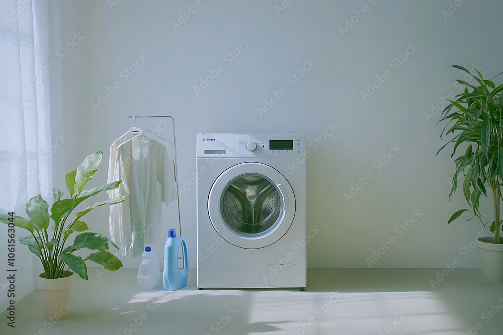 White washing machine in an empty room with hanging clothes, plants, gray walls, a rug, ironing board, and shelves for cleaning supplies. White washing machine in an empty room with hanging clothes, plants, gray walls, a rug, ironing board, and shelves for cleaning supplies.