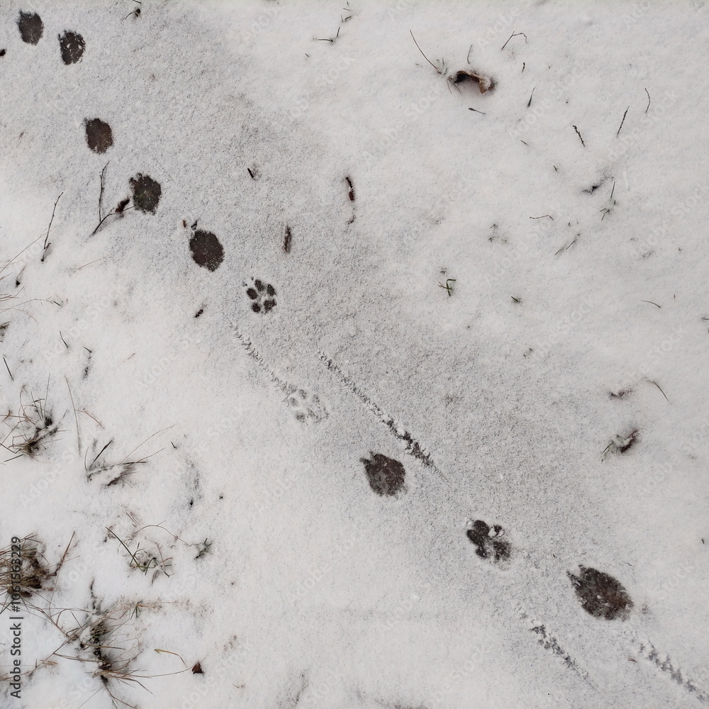Animal tracks on a snowy winter road