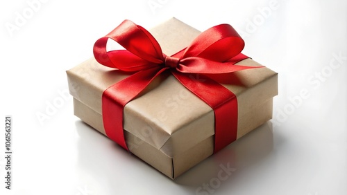 Gift box with a red bow on a white isolated background with a festive mood.