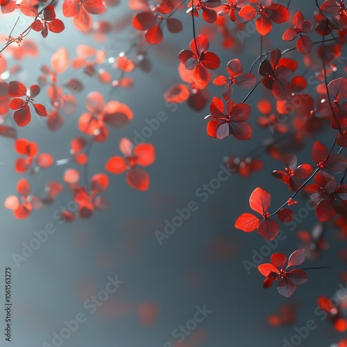 Delicate red flowers bloom, creating a striking contrast against a calming blue backdrop. The scene captures the beauty of nature in spring, highlighting the intricate details of the blossoms and thei