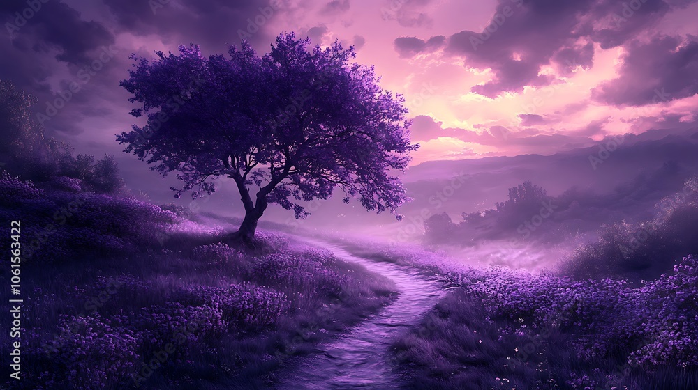 A serene tree stands amidst purple fields A serene tree stands amidst purple fields