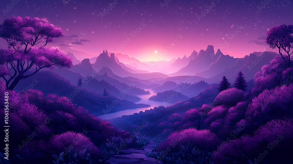 Explore the enchanting purple landscape at sunset Explore the enchanting purple landscape at sunset