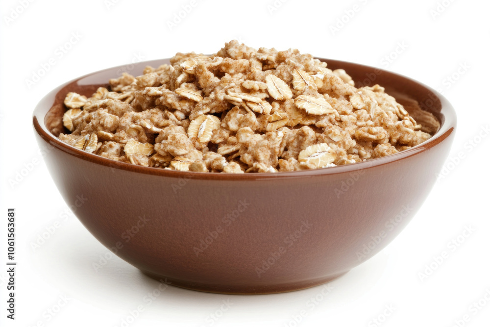 Bowl of oat cereal topped with fresh raspberries and almonds, placed on a wooden table with a spoon next to it. Morning sunlight peeping through a window. Bowl of oat cereal topped with fresh raspberries and almonds, placed on a wooden table with a spoon next to it. Morning sunlight peeping through a window.