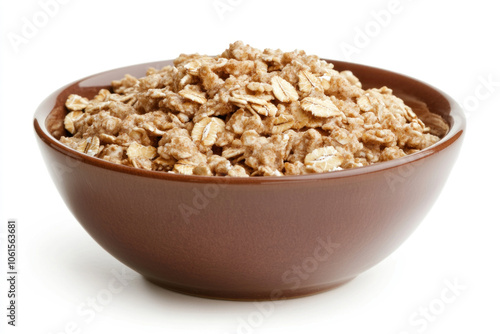 Bowl of oat cereal topped with fresh raspberries and almonds, placed on a wooden table with a spoon next to it. Morning sunlight peeping through a window.
