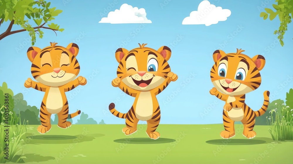 Obraz premium Playful Cartoon Tigers in a Sunny Landscape