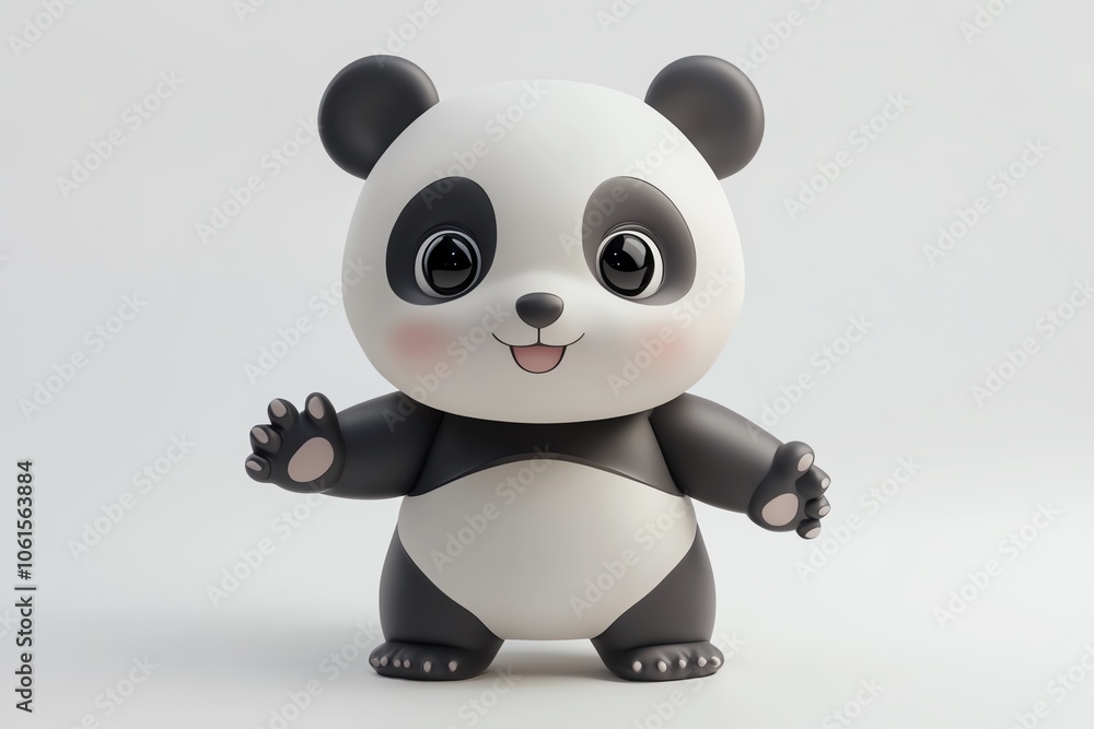 Naklejka premium 4 Lovable 3D chibi panda with round cheeks, a soft expression, and tiny paws reaching forward, isolated on white background