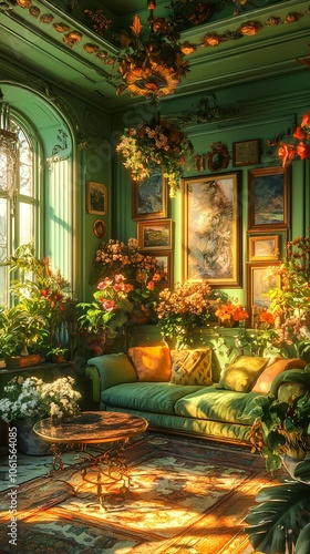 Wallpaper Mural Natural green flowers and plants surround the living room poster background Torontodigital.ca