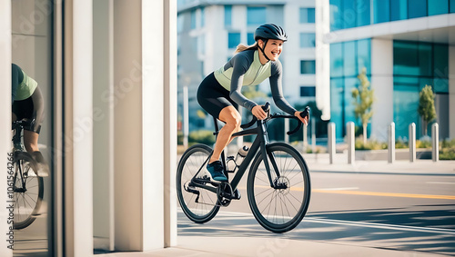 woman riding bicycle in urban setting, showcasing active commuting and health consciousness