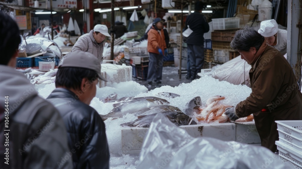 Fish market scene bustling with vendors and fresh seafood on display, capturing the essence of a lively urban marketplace. Fish market scene bustling with vendors and fresh seafood on display, capturing the essence of a lively urban marketplace.
