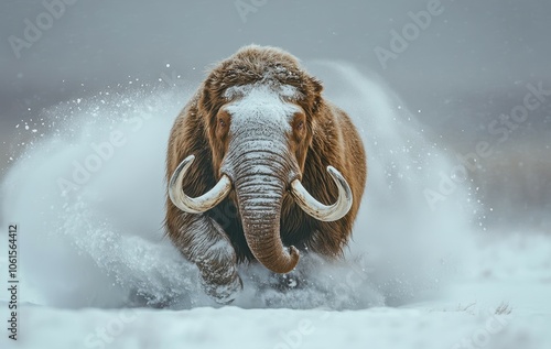 Front View of a Woolly Mammoth Running in the Snow, Wildlife Photography with Professional Color Grading and Soft Shadows
