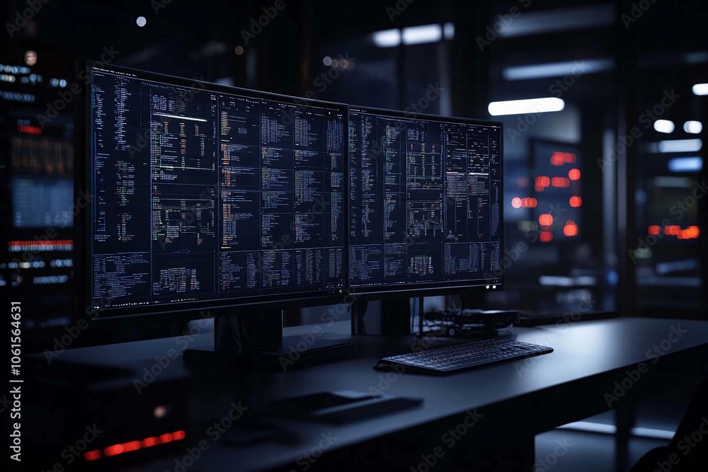 Illuminated monitors displaying code and data in a dark cyber workspace. Generative AI Illuminated monitors displaying code and data in a dark cyber workspace. Generative AI
