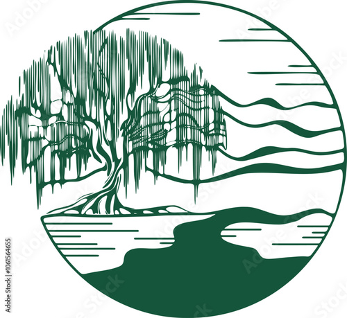 willow on the river bank with mountains in the background