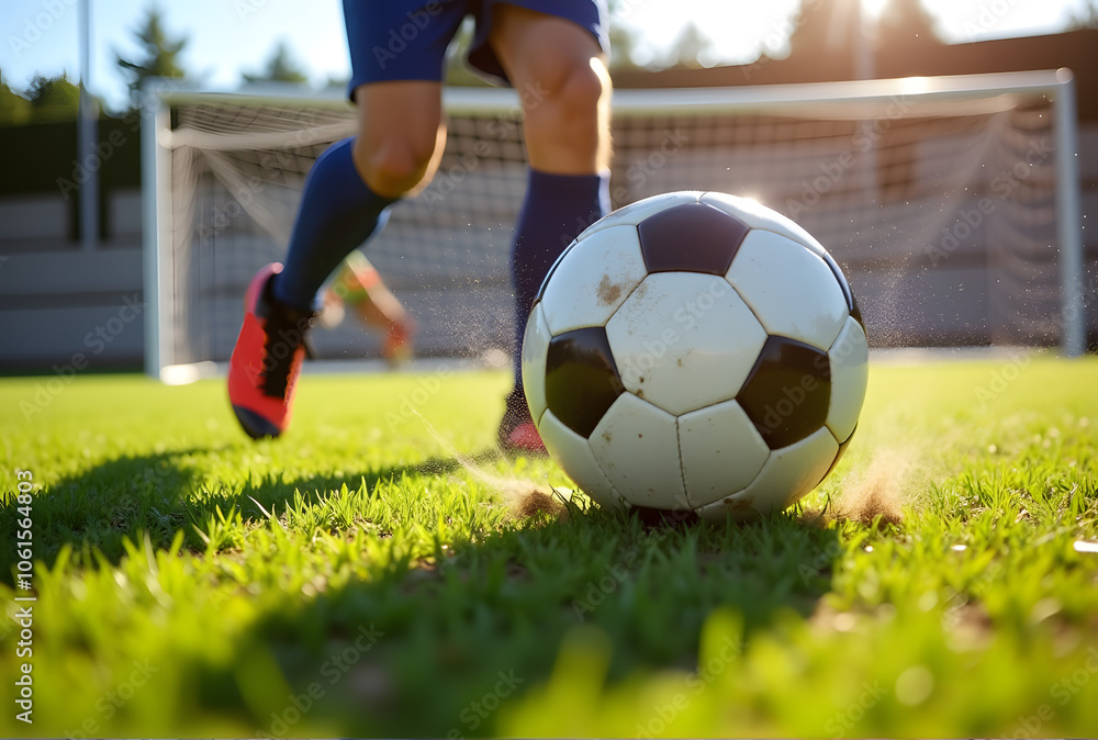 Soccer player running to kick ball on grassy field with sunlight and goalpost in background
Soccer player running to kick ball on grassy field with sunlight and goalpost in background