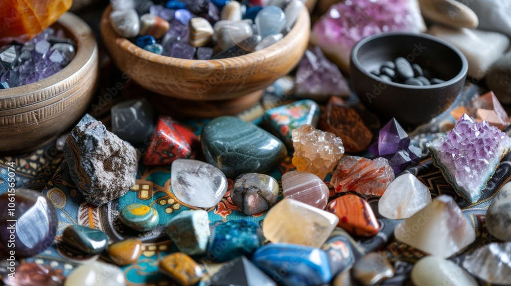 A vibrant collection of colorful gemstones and crystals arranged on decorative fabric, exuding a mystical and serene energy. A vibrant collection of colorful gemstones and crystals arranged on decorative fabric, exuding a mystical and serene energy.