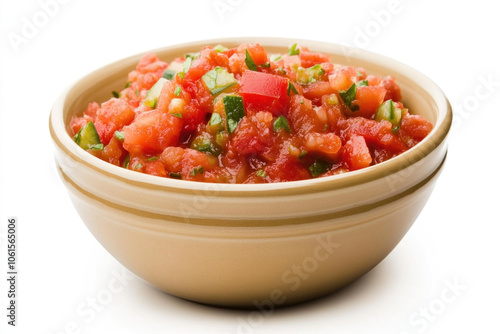 Bowl of salsa topped with tomatoes and green onions. photo