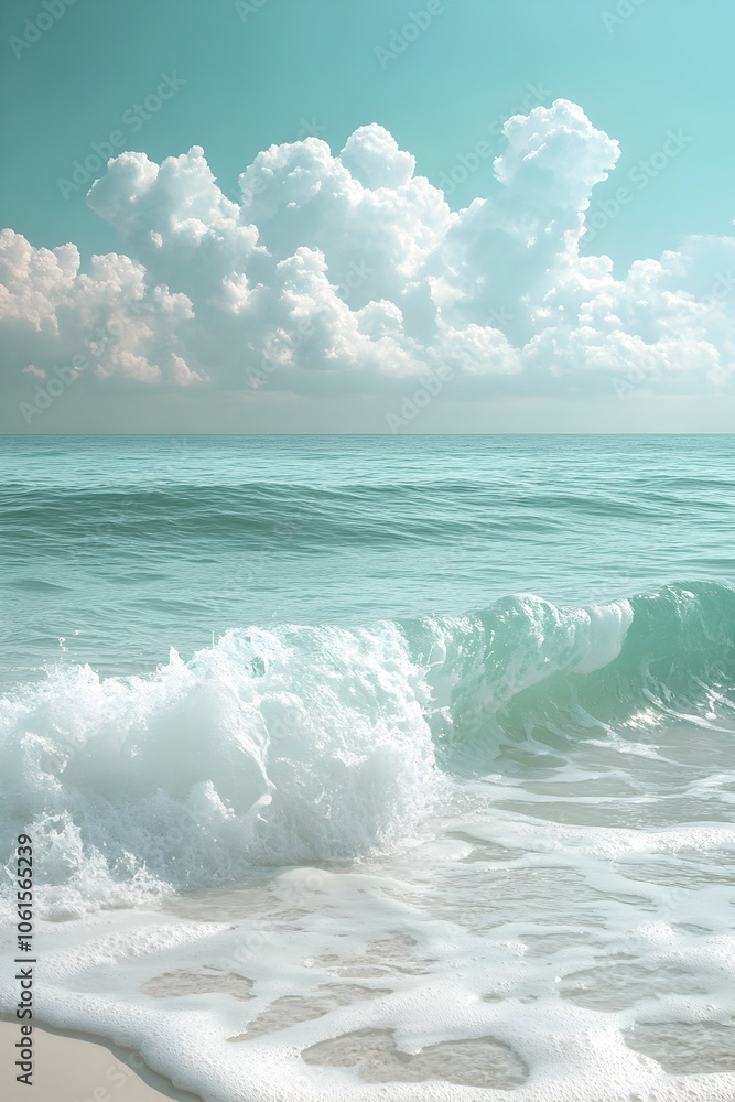 Obraz premium Serene Beachfront Scene with Turquoise Ocean Waves and Fluffy White Clouds in Tropical Paradise