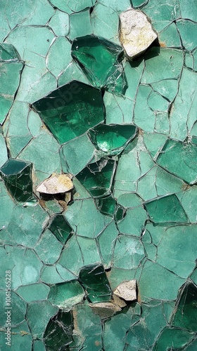 Bright green glass fragments sparkle against a mottled background, reflecting light and showcasing various shapes. The texture creates an abstract effect, emphasizing the beauty found in broken materi photo