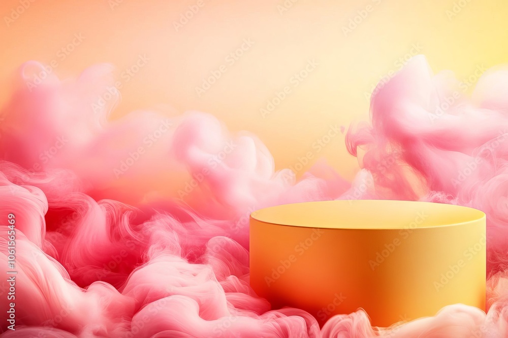 A soft yellow podium with swirls of pink mist floating around it and a light pastel sky in the background, yellow podium, pink mist, sky, warm and ethereal A soft yellow podium with swirls of pink mist floating around it and a light pastel sky in the background, yellow podium, pink mist, sky, warm and ethereal