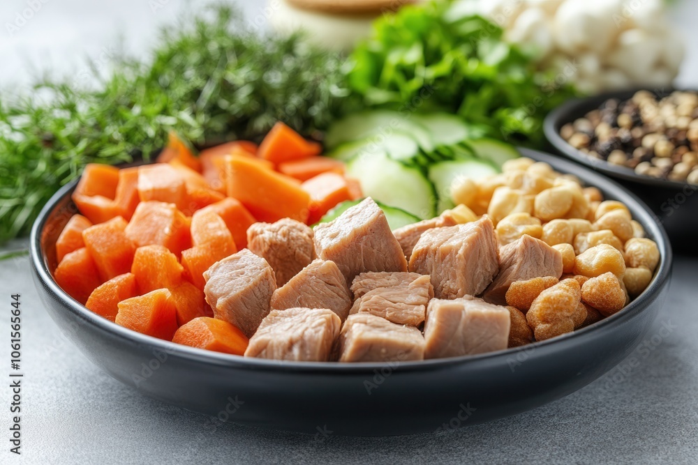 A selection of fresh ingredients is arranged in a bowl, showcasing chunks of meat, vibrant vegetables, and wholesome cereals. These components highlight the high quality materials used in animal feed A selection of fresh ingredients is arranged in a bowl, showcasing chunks of meat, vibrant vegetables, and wholesome cereals. These components highlight the high quality materials used in animal feed