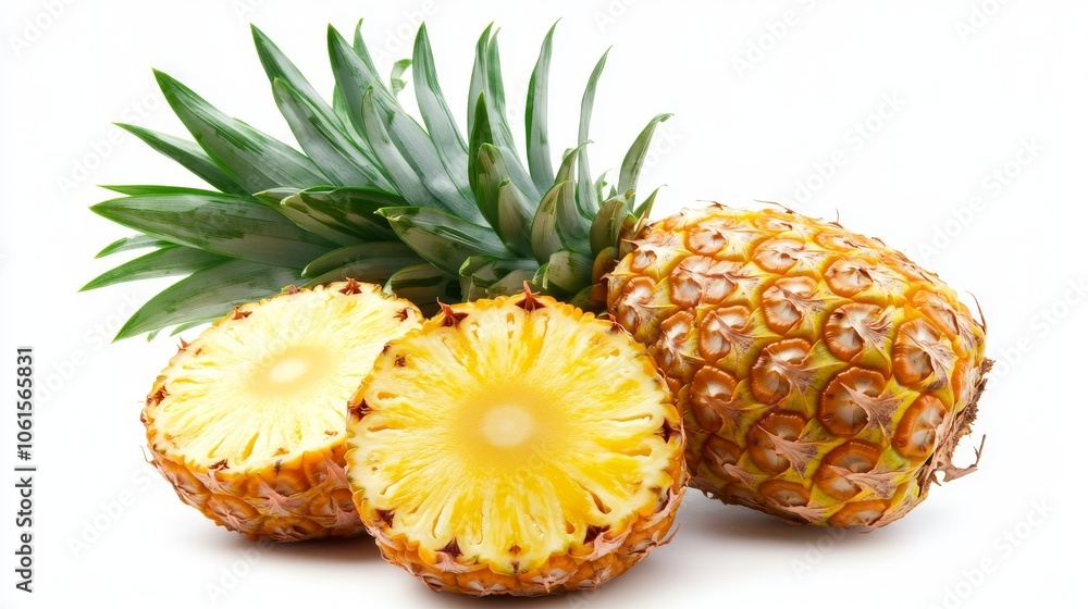 Three Ripe Yellow Pineapples Showcased Against a Clean White Background Three Ripe Yellow Pineapples Showcased Against a Clean White Background