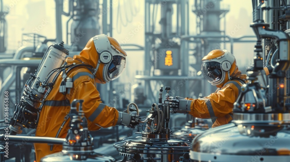 Two workers in protective uniforms inspecting and operating industrial machinery and equipment in a large factory or industrial plant setting