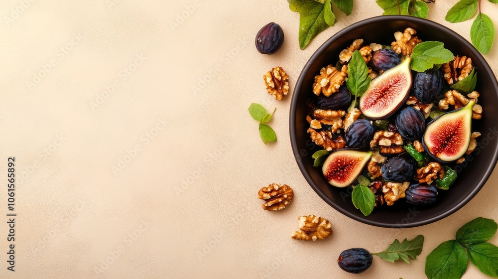 A black bowl filled with fresh figs, walnuts, and mint leaves on a beige background.