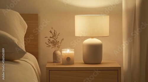 A warm, inviting bedroom scene with a lamp and candle on a wooden nightstand, creating a cozy atmosphere.