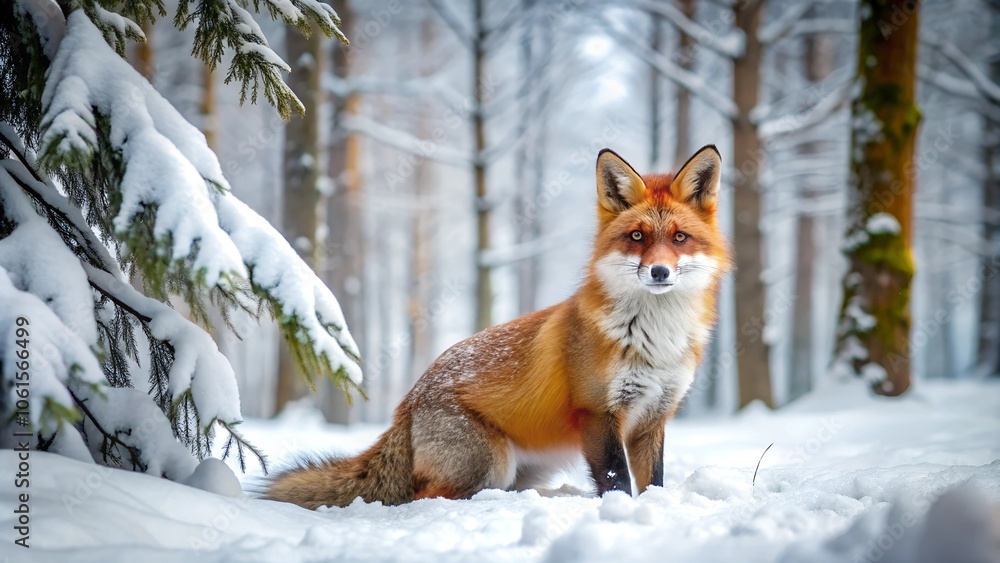 Fox in a snowy forest, displaying a curious mood against a wintery background. Fox in a snowy forest, displaying a curious mood against a wintery background.