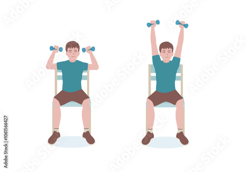 Exercises that can be done at-home using a sturdy chair.
With dumbbells, Extend the arms up, reaching above the head until they’re fully extended. with Seated Shoulder Press posture. cartoon style.