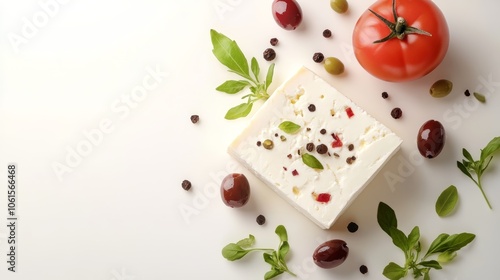 A block of feta cheese, olives, tomatoes, and peppercorns arranged on a white surface.