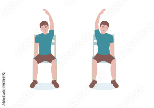 Exercises that can be done at-home using a sturdy chair.
With the right hand, grip the right side of the seat. Extend the left hand above the head making of a “C” with Seated Side Stretch posture. 