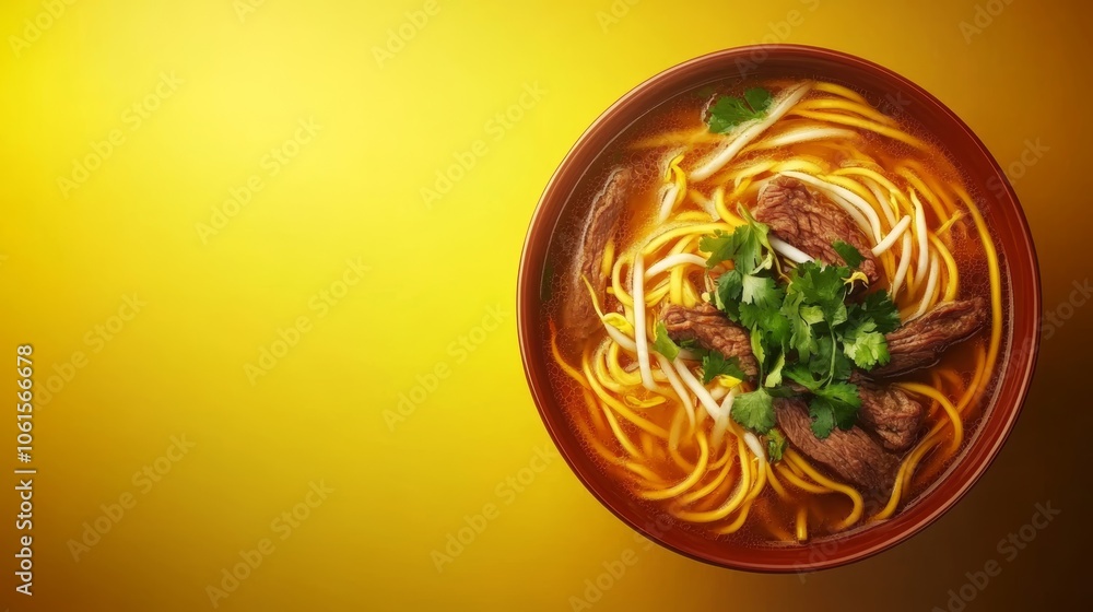 A bowl of beef noodle soup with fresh herbs on a yellow background. A bowl of beef noodle soup with fresh herbs on a yellow background.