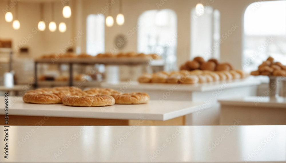 Empty white table top in front, blurred bakery background. Bakery store kitchen scene with horizontal table. Panoramic cafe advertising podium Empty white table top in front, blurred bakery background. Bakery store kitchen scene with horizontal table. Panoramic cafe advertising podium