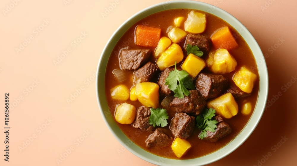 A bowl of beef stew with corn and potatoes on a peach background. A bowl of beef stew with corn and potatoes on a peach background.