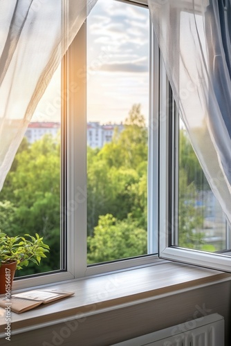 An open window features a mosquito net, framing a picturesque landscape. Beyond the neat grid, vibrant sunset hues blend harmoniously with the lush greenery of a park, creating a peaceful and comforti photo