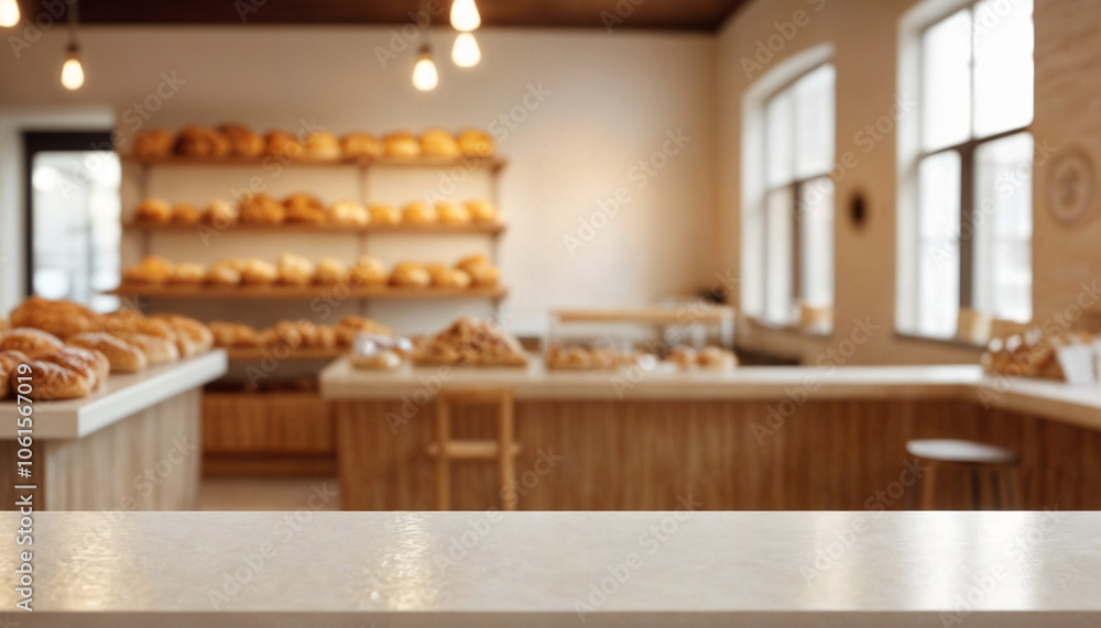 Empty white table top in front, blurred bakery background. Bakery store kitchen scene with horizontal table. Panoramic cafe advertising podium Empty white table top in front, blurred bakery background. Bakery store kitchen scene with horizontal table. Panoramic cafe advertising podium