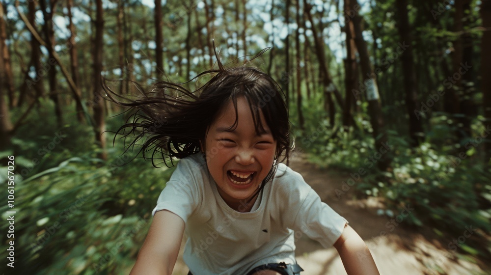 Young girl joyfully rides a bike through a sun-dappled forest, her hair streaming in the wind, capturing pure, adventurous childhood happiness. Young girl joyfully rides a bike through a sun-dappled forest, her hair streaming in the wind, capturing pure, adventurous childhood happiness.