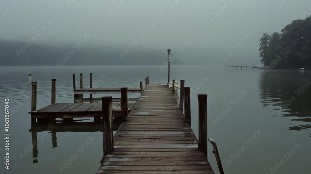 Naklejka premium A misty lake scene features a solitary wooden pier reaching into the fog, conjuring a mood of mystery and solitude.