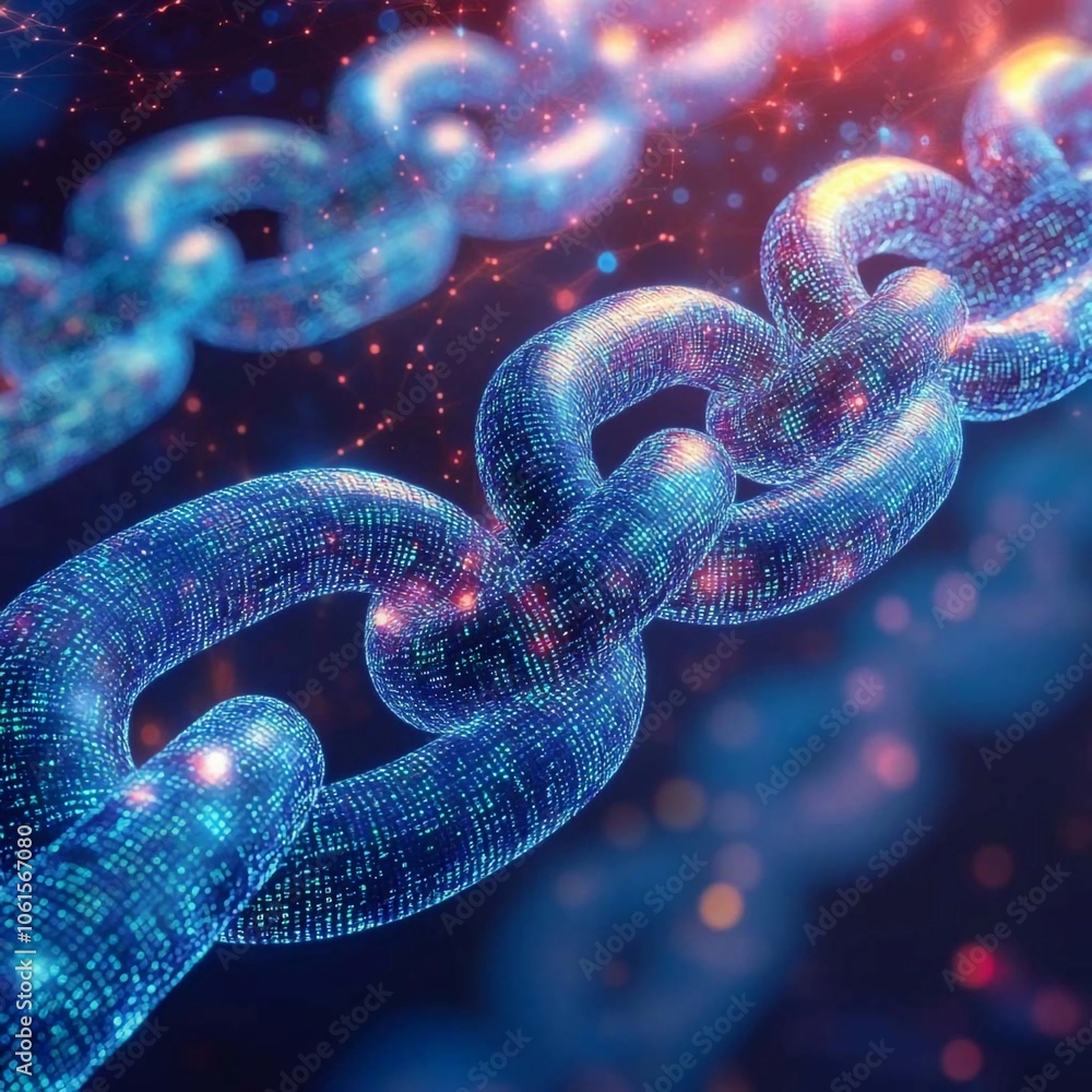 Vibrant digital chain illuminated against a cosmic backdrop at dusk. Generative AI Vibrant digital chain illuminated against a cosmic backdrop at dusk. Generative AI
