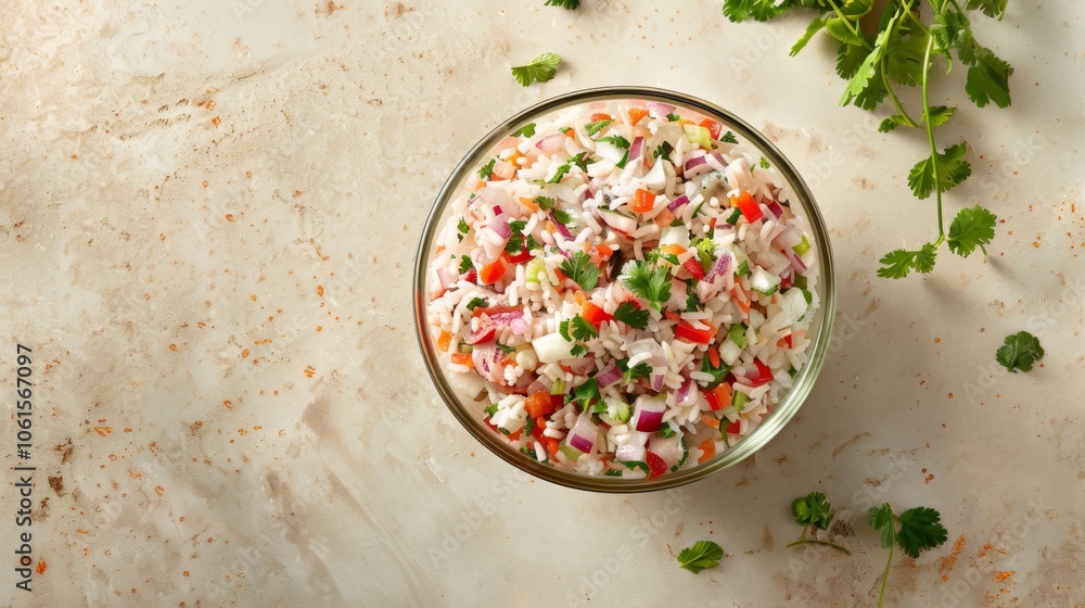 A bowl of ceviche, a traditional Latin American dish made with fresh fish, seafood, or poultry marinated in citrus juices and spices, served with cilantro, onion, and red bell pepper A bowl of ceviche, a traditional Latin American dish made with fresh fish, seafood, or poultry marinated in citrus juices and spices, served with cilantro, onion, and red bell pepper
