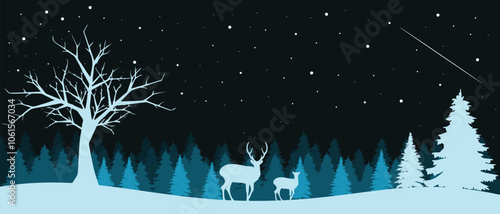 snow forest fairy tale background, winter theme, silhouette of a mother deer and her calf, elegant and dark design, editable vector eps 10