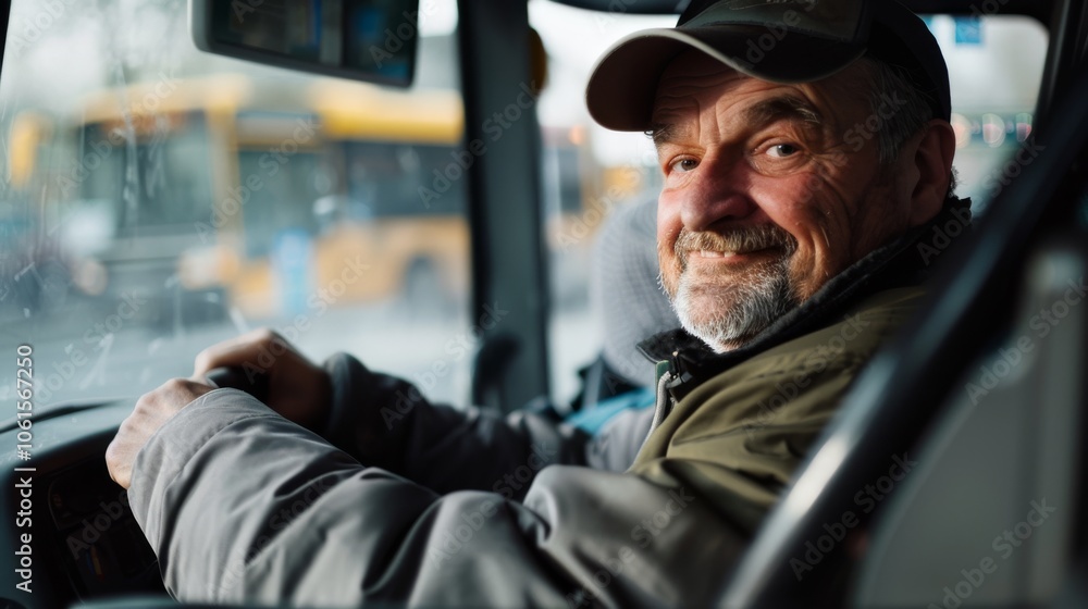 A cheerful older man, with a bright demeanor, drives a bus through the city, symbolizing the joys of service and human interaction. A cheerful older man, with a bright demeanor, drives a bus through the city, symbolizing the joys of service and human interaction.