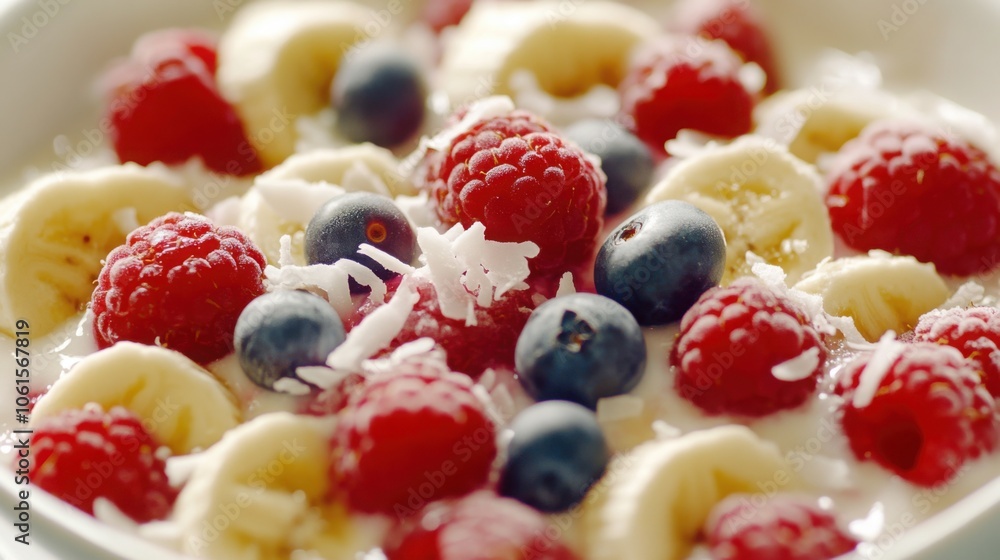 Fresh fruit smoothie bowl topped with sliced bananas, berries, and coconut flakes. Fresh fruit smoothie bowl topped with sliced bananas, berries, and coconut flakes.