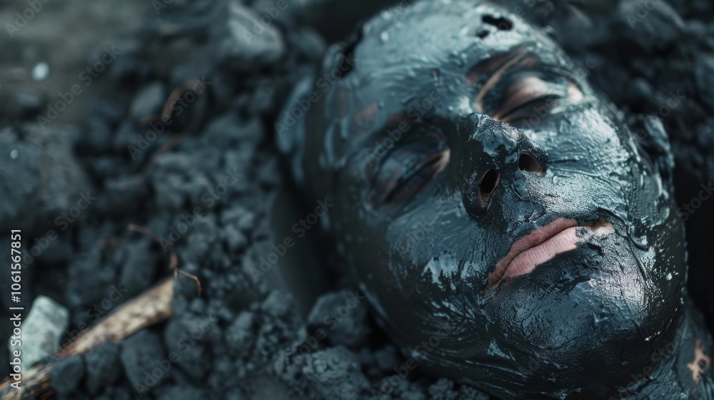 A serene face coated in dark mud emerges peacefully amongst earth and stones, evoking tranquility. A serene face coated in dark mud emerges peacefully amongst earth and stones, evoking tranquility.