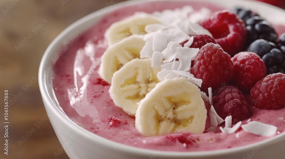Fresh fruit smoothie bowl topped with sliced bananas, berries, and coconut flakes Fresh fruit smoothie bowl topped with sliced bananas, berries, and coconut flakes